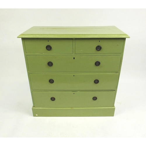 18 - Green painted pine five drawer chest with plinth base, 95cm high x 96cm wide x 48cm deep