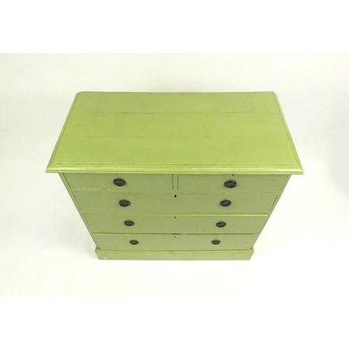 18 - Green painted pine five drawer chest with plinth base, 95cm high x 96cm wide x 48cm deep