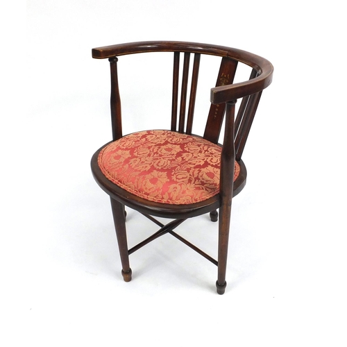 51 - Edwardian inlaid mahogany tub chair with pink floral upholstered seat, 69cm high