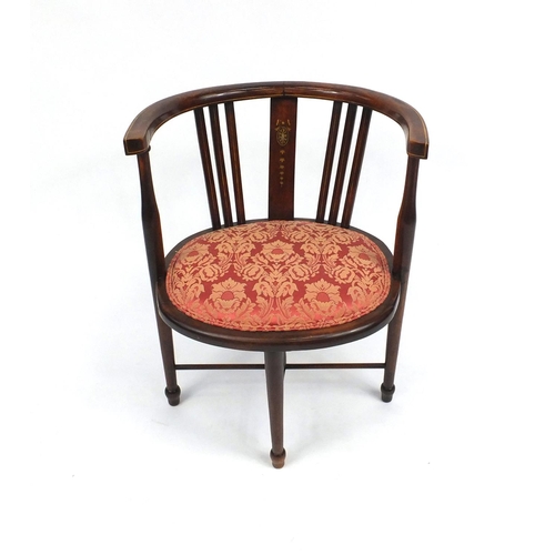 51 - Edwardian inlaid mahogany tub chair with pink floral upholstered seat, 69cm high
