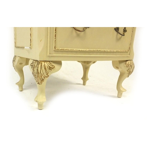 19 - Cream and gilt bedroom furniture comprising, five drawer chest and three night stands