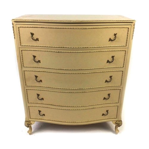 19 - Cream and gilt bedroom furniture comprising, five drawer chest and three night stands