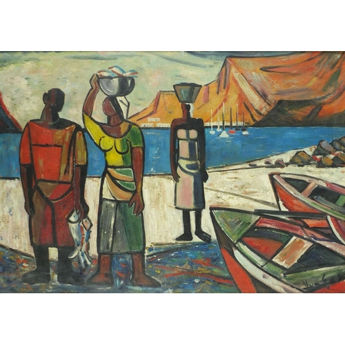 32 - Oil onto board, African figures beside moored boats, bearing an indistinct signature, framed 69cm x ... 