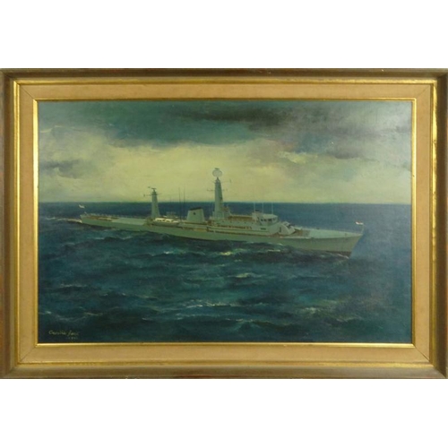 35 - Military interest oil onto canvas view of a Royal Naval battleship in a stormy sea, signed Crosbie, ... 