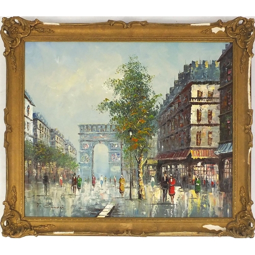 37 - Signed oil onto canvas of a Parisian street scene, 60cm x 50cm excluding the gilt frame