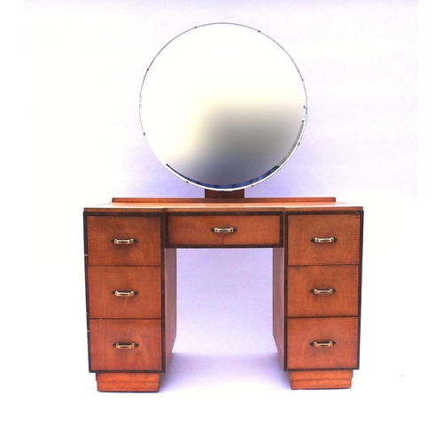 7 - Art Deco satin wood and rosewood crossbanded bedroom suite comprising twin pedestal dressing table w... 