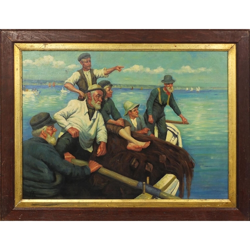 2315 - Cornish school oil onto board, fishermen, inscriptions verso, mounted and framed, 54cm x 39cm exclud... 