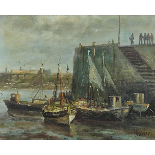 2265 - Oil onto board, moored boats in a harbour, bearing a signature Dunlop, framed, 50cm x 40cm excluding... 