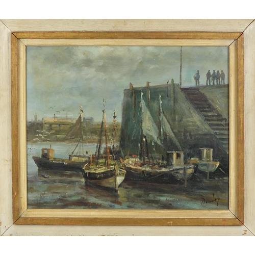 2265 - Oil onto board, moored boats in a harbour, bearing a signature Dunlop, framed, 50cm x 40cm excluding... 