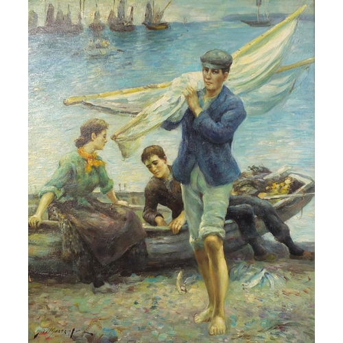 2111 - Cornish school oil onto board, fishermen and boats, bearing a signature Moate, framed, 56cm x 47cm e... 