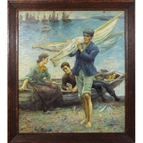 2111 - Cornish school oil onto board, fishermen and boats, bearing a signature Moate, framed, 56cm x 47cm e... 