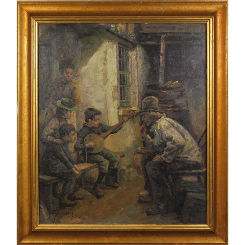 2064 - Oil onto board, boy playing a banjo beside a pipe smoking man, bearing an indistinct signature, gilt... 