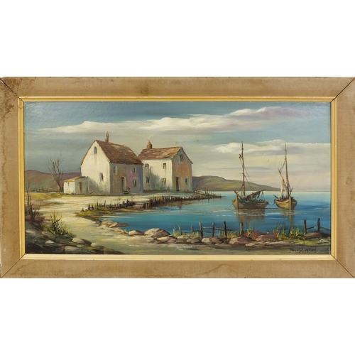 2198 - Oil onto board, moored fishing boats, bearing a signature Dallas Simpson, inscriptions and label ver... 