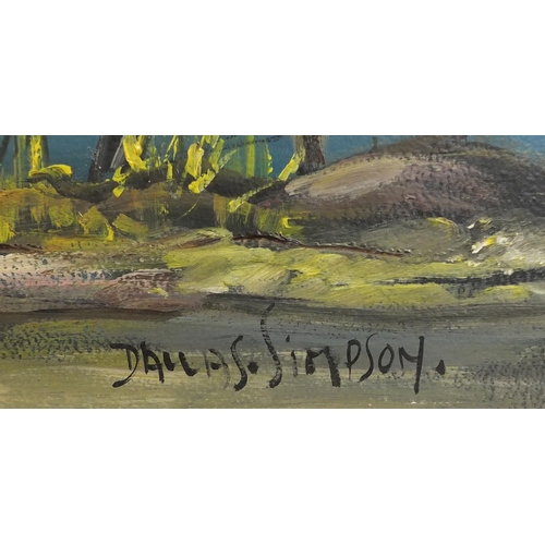 2198 - Oil onto board, moored fishing boats, bearing a signature Dallas Simpson, inscriptions and label ver... 