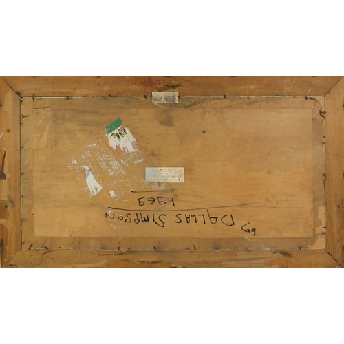 2198 - Oil onto board, moored fishing boats, bearing a signature Dallas Simpson, inscriptions and label ver... 