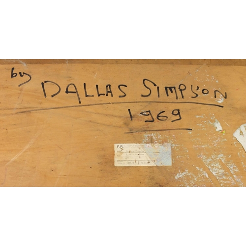 2198 - Oil onto board, moored fishing boats, bearing a signature Dallas Simpson, inscriptions and label ver... 