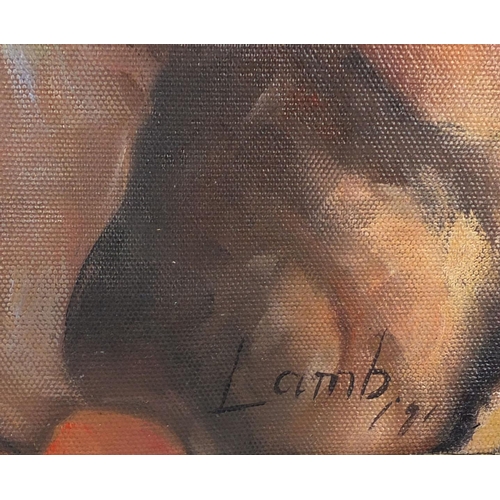 2319 - Unframed oil onto canvas, portrait of a female, bearing a signature Lamb, G. Rowney & Co stamp verso... 