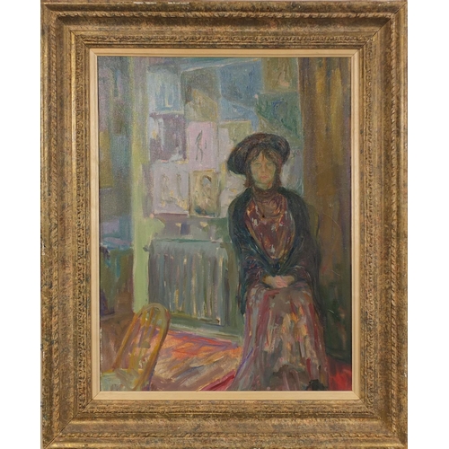 2199 - Oil onto board, seated lady in an interior, mounted and framed, 50cm x 37cm excluding the mount and ... 