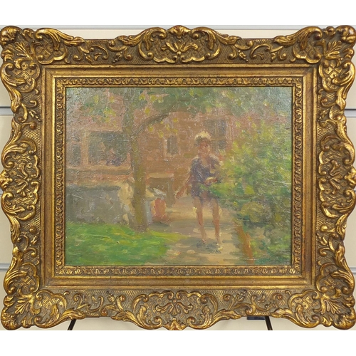 2271 - Oil onto board, boy in a garden, inscribed verso, ornately gilt framed, 24cm x 20cm excluding the fr... 