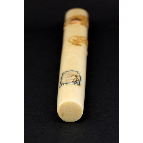 462 - Japanese ivory parasol handle of cylindrical tapering form, carved with two tigers, with attached pa... 