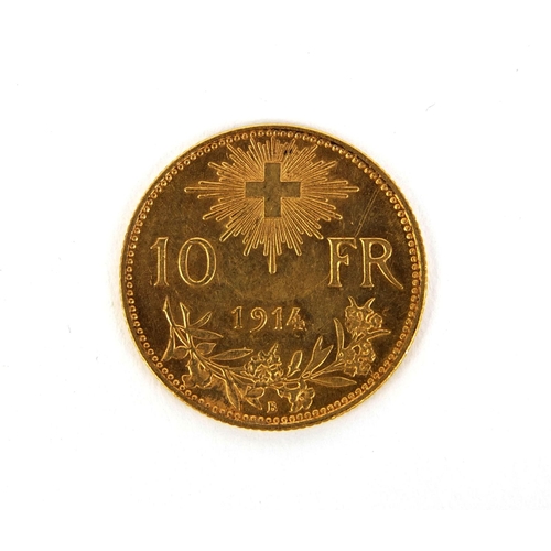 227 - Swiss 1914 ten franc gold coin, approximate weight 3.3g, approximately 2cm in diameter