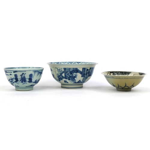 393 - Group of three Chinese porcelain bowls including two blue and white examples, one hand painted with ... 