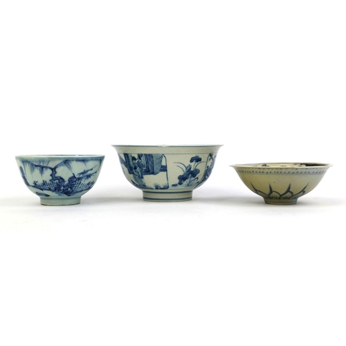 393 - Group of three Chinese porcelain bowls including two blue and white examples, one hand painted with ... 