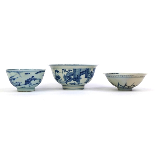 393 - Group of three Chinese porcelain bowls including two blue and white examples, one hand painted with ... 