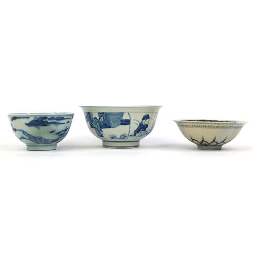 393 - Group of three Chinese porcelain bowls including two blue and white examples, one hand painted with ... 