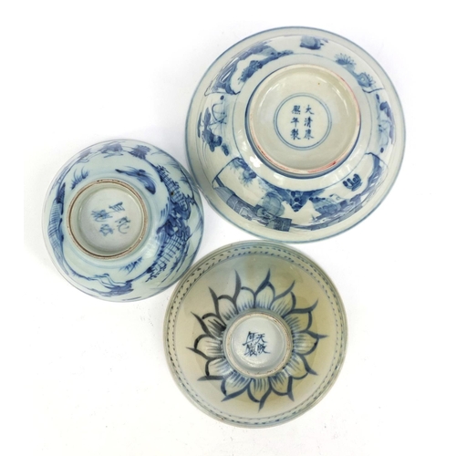 393 - Group of three Chinese porcelain bowls including two blue and white examples, one hand painted with ... 