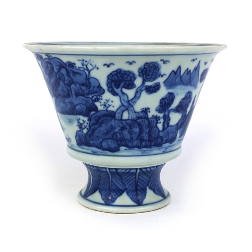 404 - Chinese blue and white porcelain pedestal bowl, hand painted with a continuous landscape, six figure... 