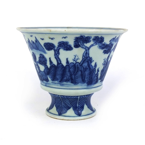 404 - Chinese blue and white porcelain pedestal bowl, hand painted with a continuous landscape, six figure... 