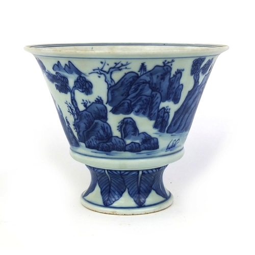 404 - Chinese blue and white porcelain pedestal bowl, hand painted with a continuous landscape, six figure... 