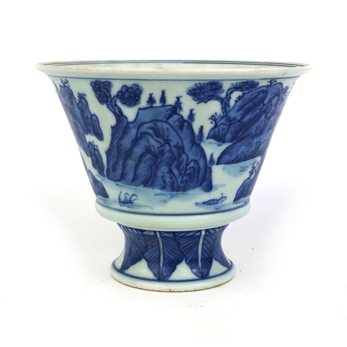 404 - Chinese blue and white porcelain pedestal bowl, hand painted with a continuous landscape, six figure... 