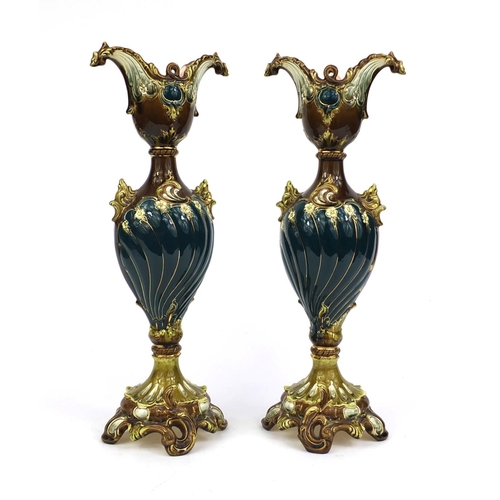 613 - Pair of Julius Dressler Majolica vases, each decorated with stylised floral motifs, factory marks to... 