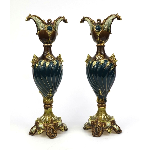 613 - Pair of Julius Dressler Majolica vases, each decorated with stylised floral motifs, factory marks to... 