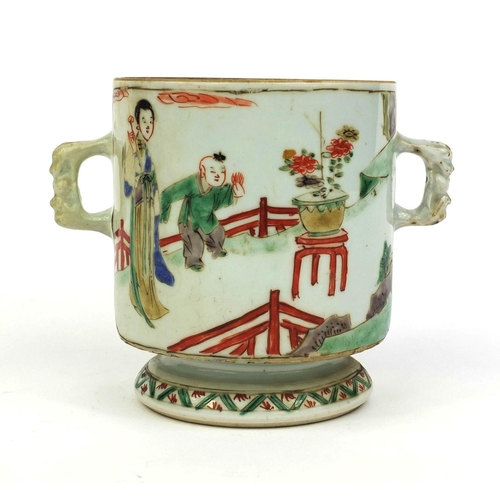 365 - Chinese porcelain twin handled cup, hand painted in the famille verte palette with figures in a cour... 