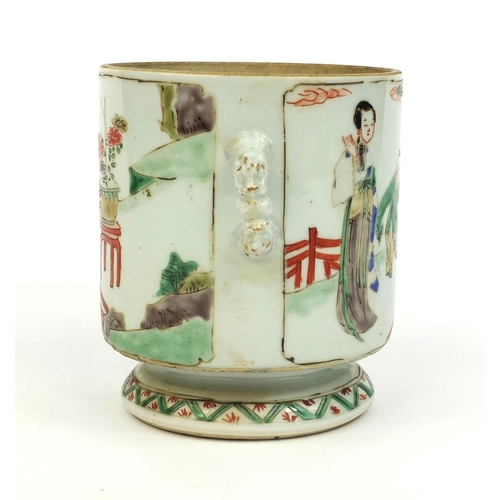 365 - Chinese porcelain twin handled cup, hand painted in the famille verte palette with figures in a cour... 