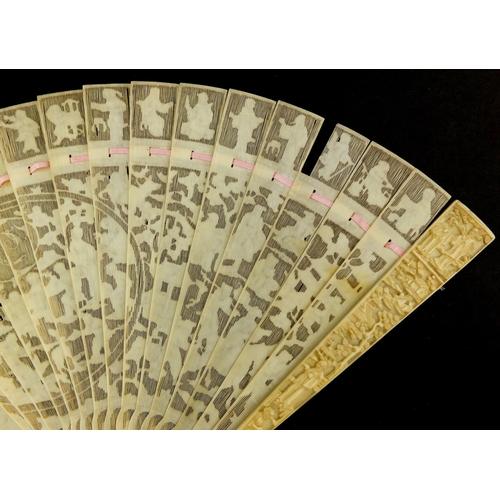 450 - Well detailed Chinese Cantonese ivory fan, profusely pierced and carved with figures, pagodas and fo... 