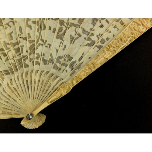 450 - Well detailed Chinese Cantonese ivory fan, profusely pierced and carved with figures, pagodas and fo... 