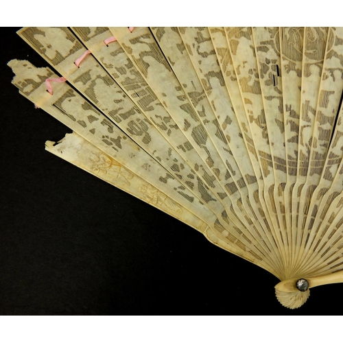 450 - Well detailed Chinese Cantonese ivory fan, profusely pierced and carved with figures, pagodas and fo... 