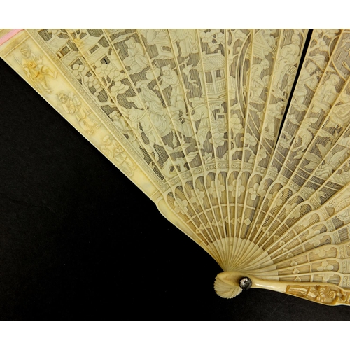 450 - Well detailed Chinese Cantonese ivory fan, profusely pierced and carved with figures, pagodas and fo... 