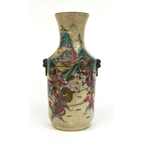 374 - Chinese crackle glazed stoneware vase, with dog of foo handles, hand painted in the famille rose pal... 