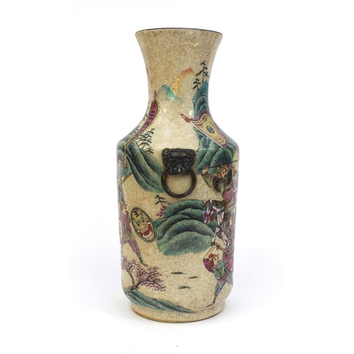 374 - Chinese crackle glazed stoneware vase, with dog of foo handles, hand painted in the famille rose pal... 