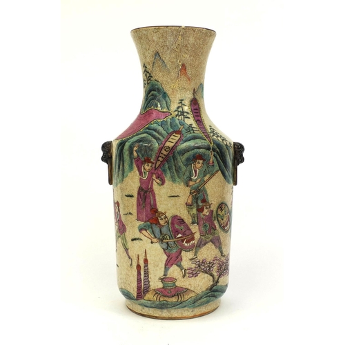 374 - Chinese crackle glazed stoneware vase, with dog of foo handles, hand painted in the famille rose pal... 