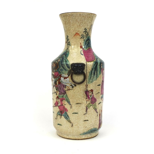 374 - Chinese crackle glazed stoneware vase, with dog of foo handles, hand painted in the famille rose pal... 