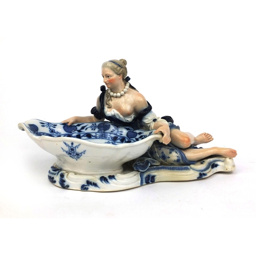 550 - 19th century Meissen porcelain onion pattern sweetmeat dish, formed of a recumbent maiden holding an... 