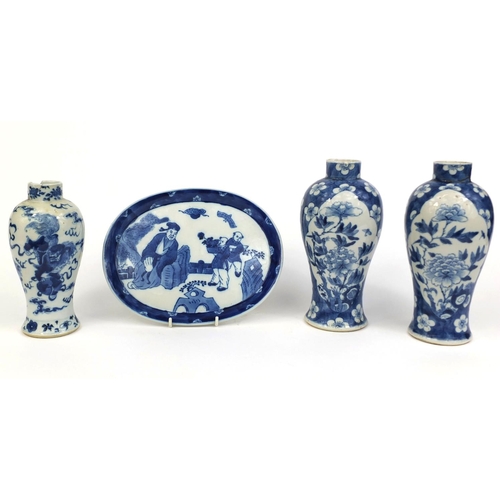 406 - Group of Chinese blue and white porcelain, comprising a pair of baluster vases, hand painted with bi... 