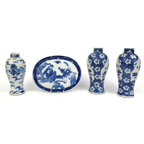 406 - Group of Chinese blue and white porcelain, comprising a pair of baluster vases, hand painted with bi... 