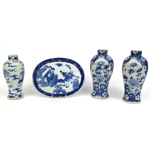 406 - Group of Chinese blue and white porcelain, comprising a pair of baluster vases, hand painted with bi... 